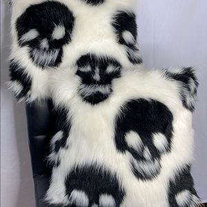 2 Faux Fur Shag Skull Pillows